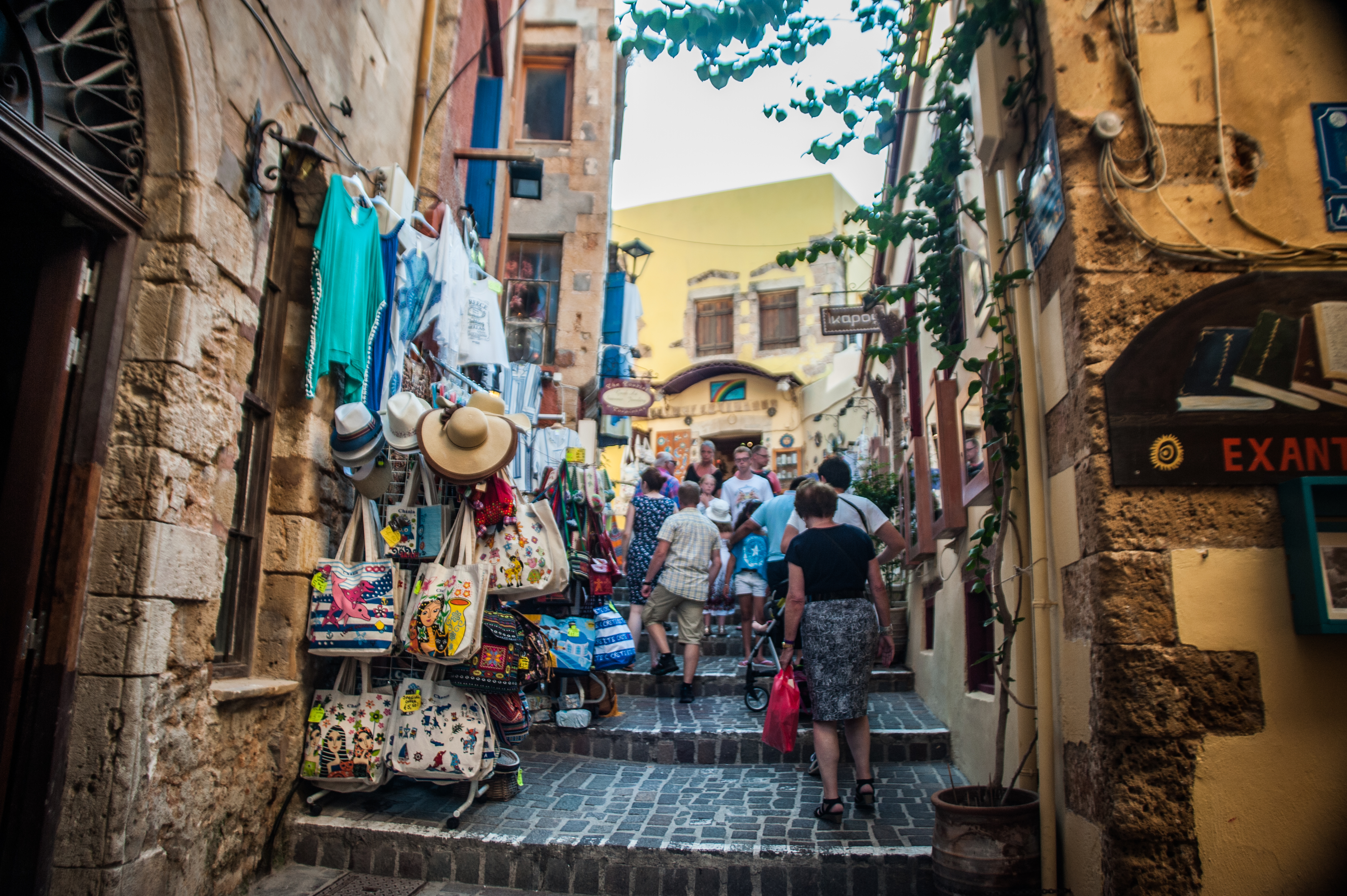 steps on the streets of Chania with vendors selling along the sides