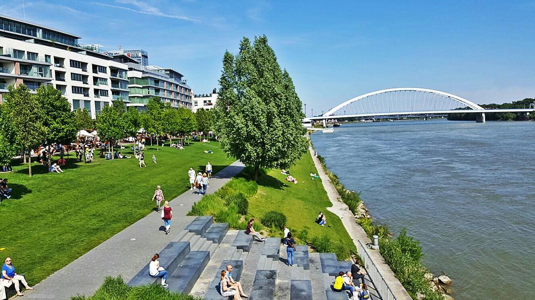 Green park by the river in Bratislava
